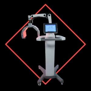 Full view of POLY Pro Rejuv RedLight machine overlaid on black background with red diamond